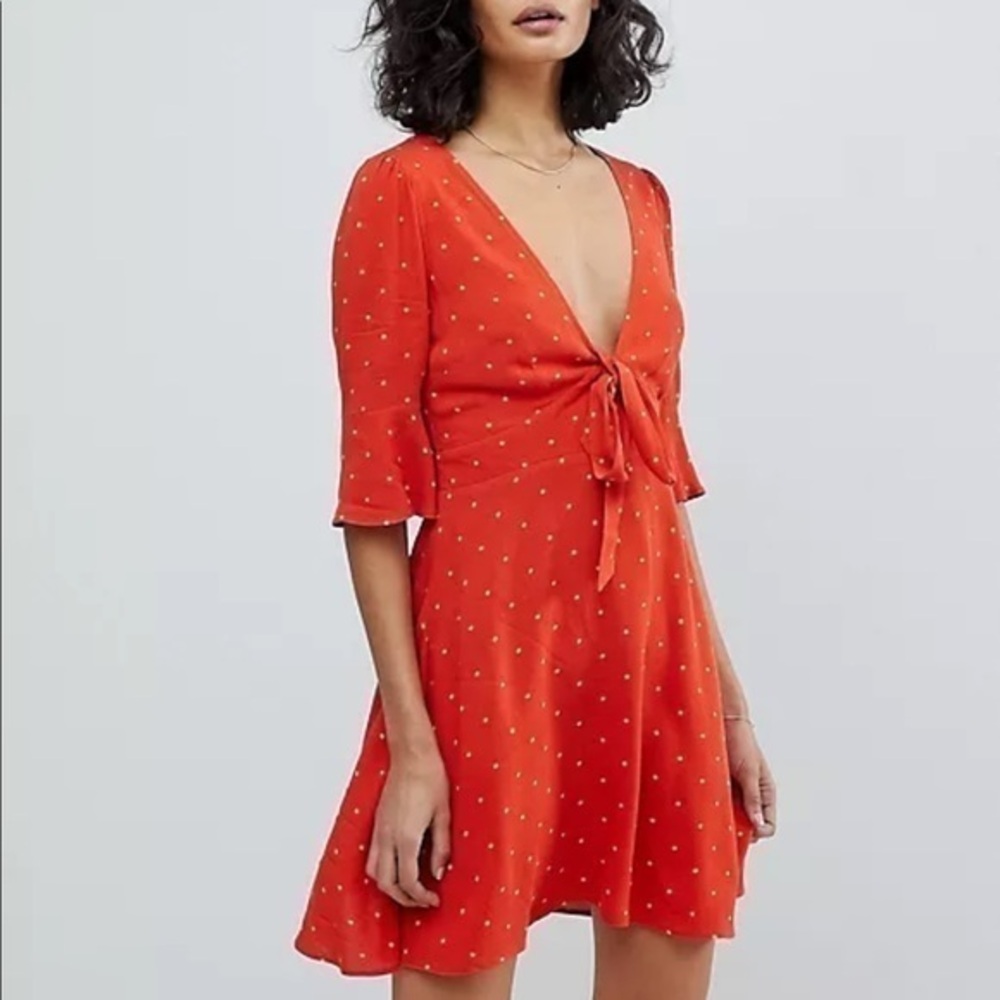 Free people all yours polka dot front tie mini dress